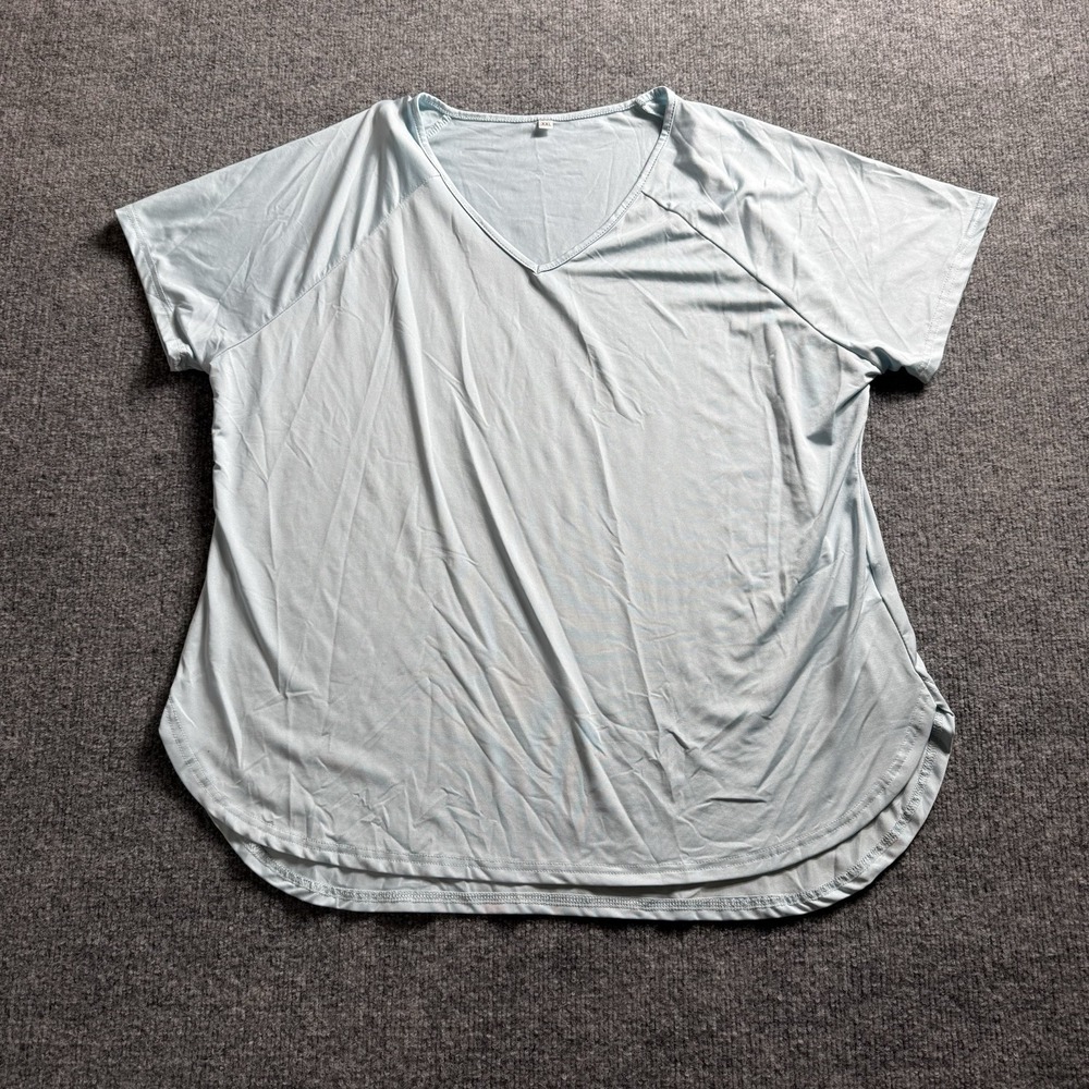 Women's Light Blue V-Neck Short Sleeve Top Casual High-Low Hem T-Shirt